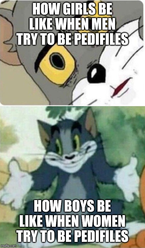 HOW GIRLS BE LIKE WHEN MEN TRY TO BE PEDIFILES; HOW BOYS BE LIKE WHEN WOMEN TRY TO BE PEDIFILES | image tagged in tom and jerry meme,idk tom template | made w/ Imgflip meme maker