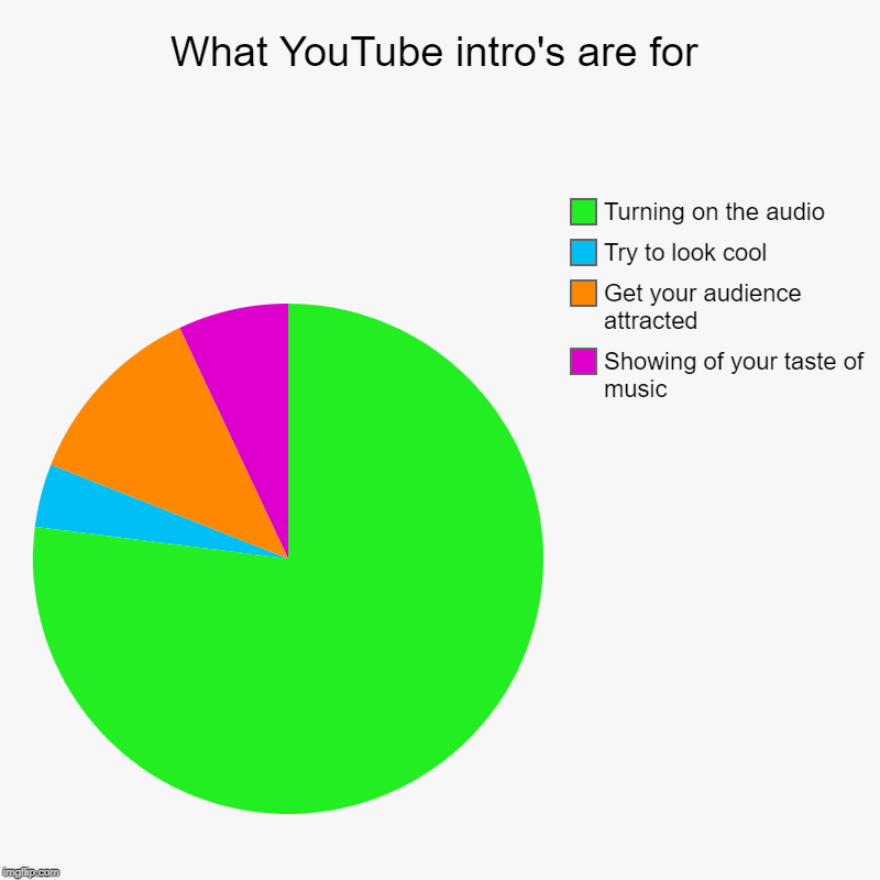 YouTube intro | What YouTube intro's are for | Showing of your taste of music, Get your audience attracted, Try to look cool, Turning on the audio | image tagged in charts,pie charts,youtube,intro | made w/ Imgflip chart maker