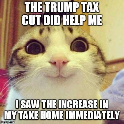 Smiling Cat Meme | THE TRUMP TAX CUT DID HELP ME I SAW THE INCREASE IN MY TAKE HOME IMMEDIATELY | image tagged in memes,smiling cat | made w/ Imgflip meme maker