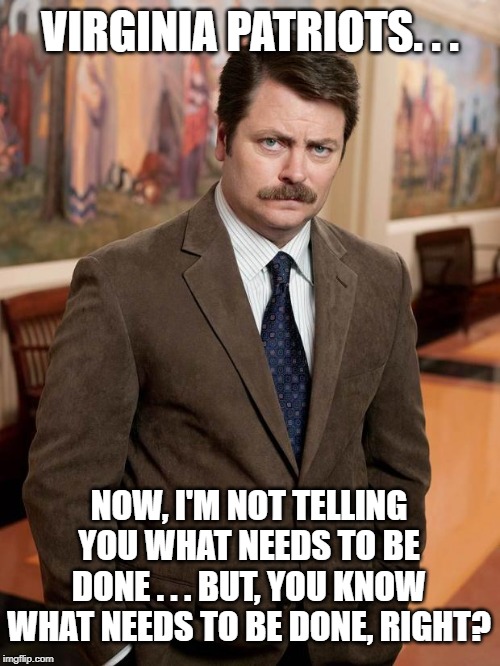 ron swanson | VIRGINIA PATRIOTS. . . NOW, I'M NOT TELLING YOU WHAT NEEDS TO BE DONE . . . BUT, YOU KNOW WHAT NEEDS TO BE DONE, RIGHT? | image tagged in ron swanson | made w/ Imgflip meme maker