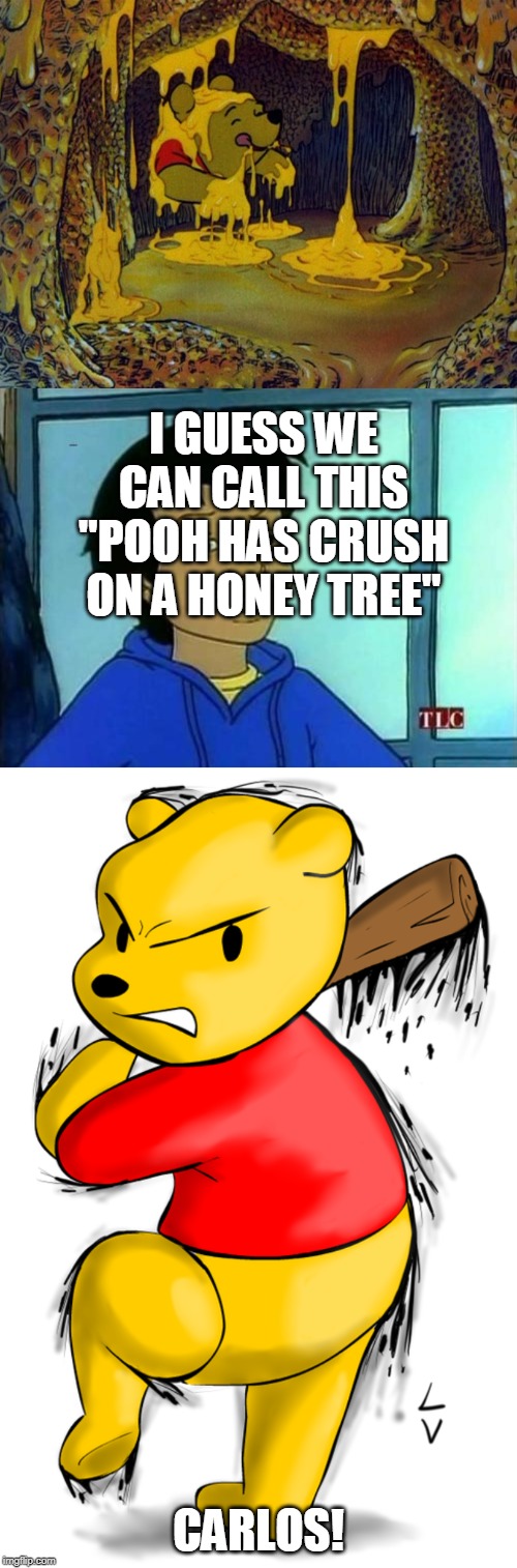 Carlos puns on Pooh | I GUESS WE CAN CALL THIS
"POOH HAS CRUSH ON A HONEY TREE"; CARLOS! | image tagged in carlos - magic school bus | made w/ Imgflip meme maker