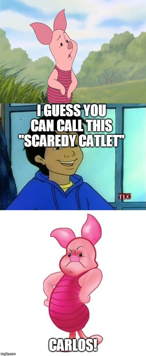 Carlos puns on Piglet |  I GUESS YOU CAN CALL THIS "SCAREDY CATLET"; CARLOS! | image tagged in carlos - magic school bus | made w/ Imgflip meme maker