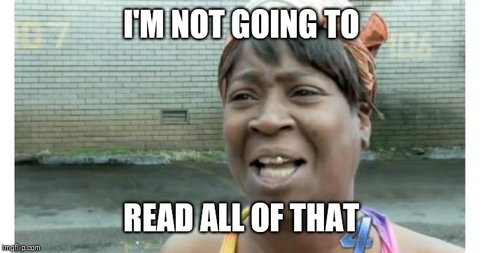 ain't nobody got time for that | I'M NOT GOING TO READ ALL OF THAT | image tagged in ain't nobody got time for that | made w/ Imgflip meme maker