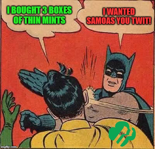 Things get rough around Girl Scout cookie season | I BOUGHT 3 BOXES
OF THIN MINTS; I WANTED SAMOAS YOU TWIT! | image tagged in memes,batman slapping robin,girl scout cookies | made w/ Imgflip meme maker