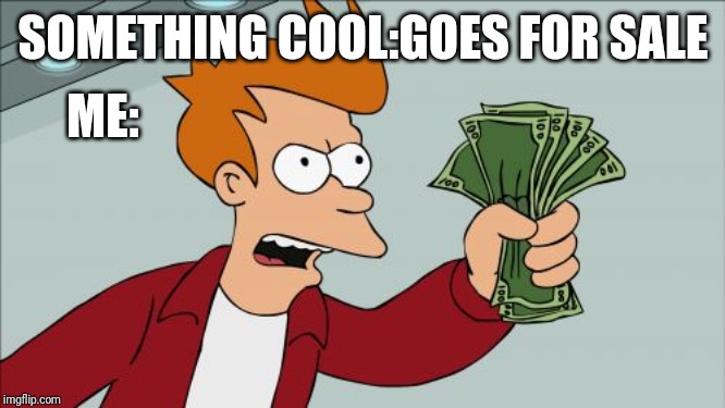 Shut Up And Take My Money Fry | SOMETHING COOL:GOES FOR SALE; ME: | image tagged in memes,shut up and take my money fry | made w/ Imgflip meme maker