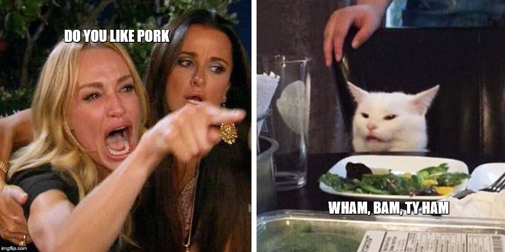 Smudge the cat | DO YOU LIKE PORK; WHAM, BAM, TY HAM | image tagged in smudge the cat | made w/ Imgflip meme maker