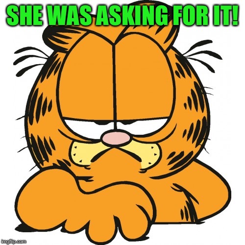 Garfield | SHE WAS ASKING FOR IT! | image tagged in garfield | made w/ Imgflip meme maker