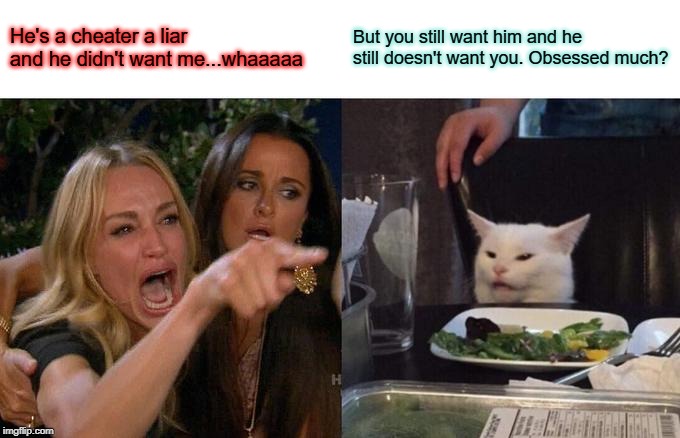 Obsessed ex | He's a cheater a liar and he didn't want me...whaaaaa; But you still want him and he still doesn't want you. Obsessed much? | image tagged in memes,woman yelling at cat | made w/ Imgflip meme maker