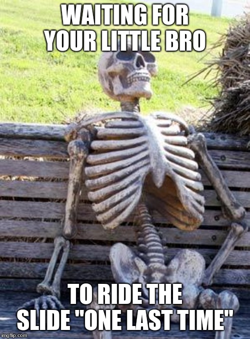 Waiting Skeleton Meme | WAITING FOR YOUR LITTLE BRO; TO RIDE THE SLIDE "ONE LAST TIME" | image tagged in memes,waiting skeleton | made w/ Imgflip meme maker