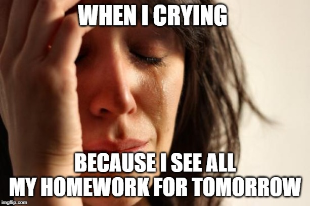 First World Problems | WHEN I CRYING; BECAUSE I SEE ALL MY HOMEWORK FOR TOMORROW | image tagged in memes,first world problems | made w/ Imgflip meme maker