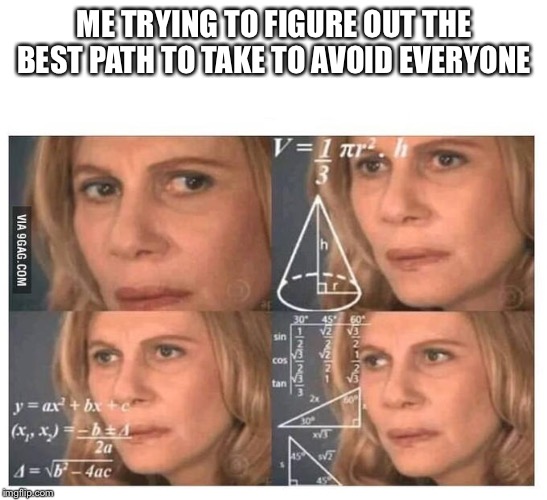 Thinking lady | ME TRYING TO FIGURE OUT THE BEST PATH TO TAKE TO AVOID EVERYONE | image tagged in thinking lady | made w/ Imgflip meme maker