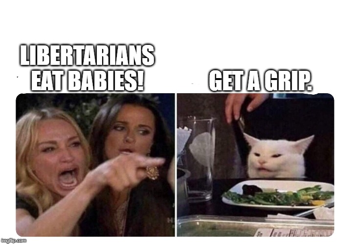 Housewives cat | LIBERTARIANS EAT BABIES! GET A GRIP. | image tagged in housewives cat | made w/ Imgflip meme maker