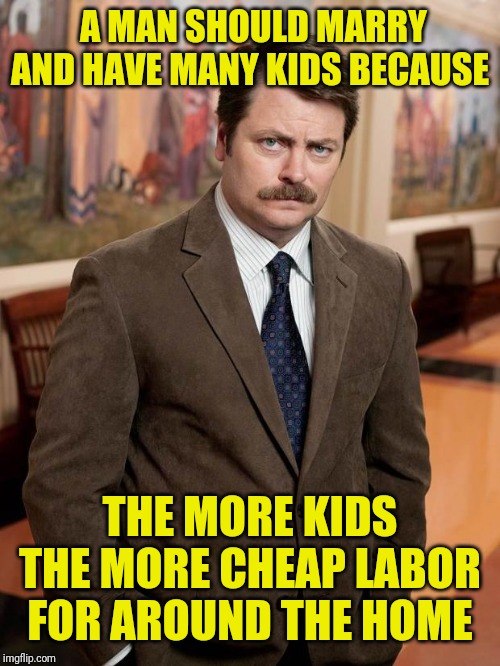 ron swanson | A MAN SHOULD MARRY AND HAVE MANY KIDS BECAUSE; THE MORE KIDS THE MORE CHEAP LABOR FOR AROUND THE HOME | image tagged in ron swanson,kids,cheap,labor | made w/ Imgflip meme maker