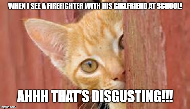 Spy Cat | WHEN I SEE A FIREFIGHTER WITH HIS GIRLFRIEND AT SCHOOL! AHHH THAT'S DISGUSTING!!! | image tagged in spy cat | made w/ Imgflip meme maker