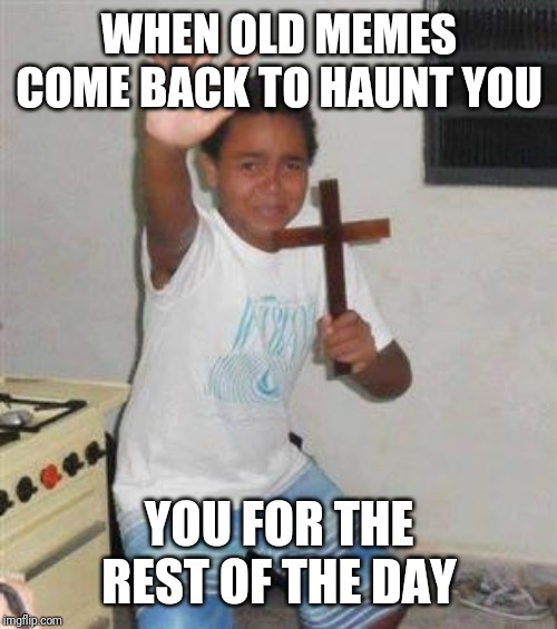 Scared Kid | WHEN OLD MEMES COME BACK TO HAUNT YOU; YOU FOR THE REST OF THE DAY | image tagged in scared kid | made w/ Imgflip meme maker