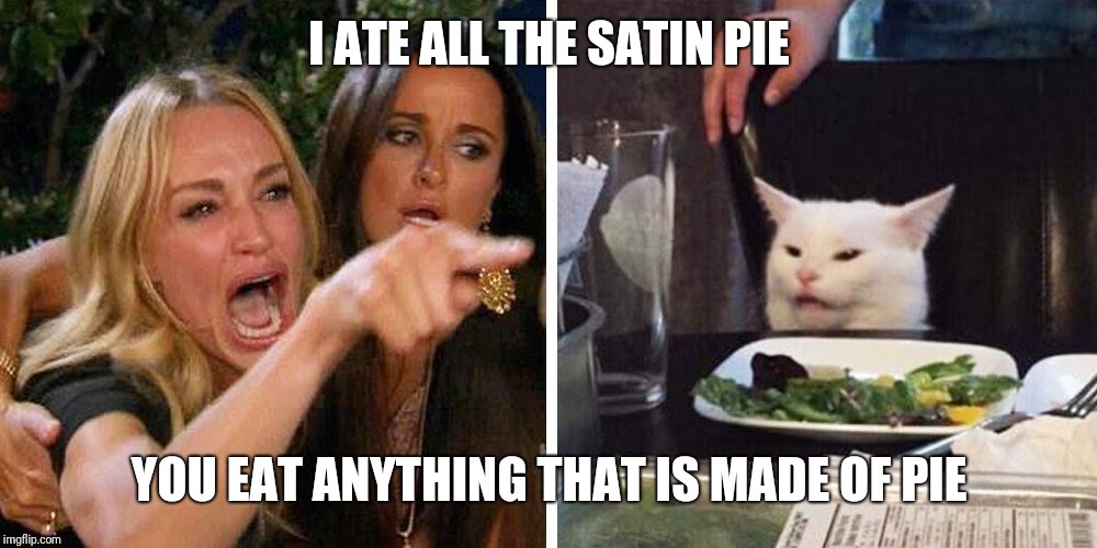Smudge the cat | I ATE ALL THE SATIN PIE; YOU EAT ANYTHING THAT IS MADE OF PIE | image tagged in smudge the cat | made w/ Imgflip meme maker