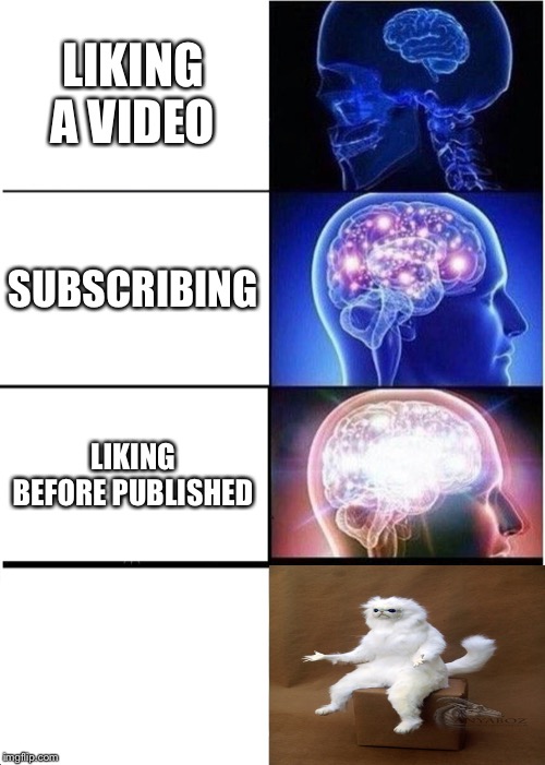 Expanding Brain | LIKING A VIDEO; SUBSCRIBING; LIKING BEFORE PUBLISHED | image tagged in memes,expanding brain | made w/ Imgflip meme maker