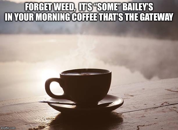 Coffee Cup | FORGET WEED,  IT’S “SOME” BAILEY’S IN YOUR MORNING COFFEE THAT’S THE GATEWAY | image tagged in coffee cup | made w/ Imgflip meme maker
