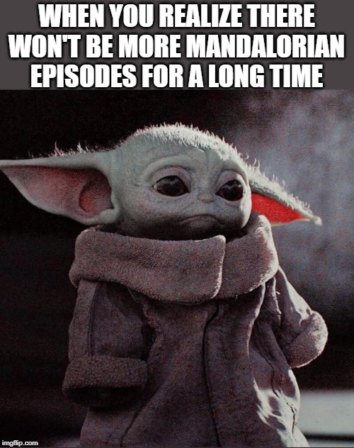 WHEN YOU REALIZE THERE WON'T BE MORE MANDALORIAN EPISODES FOR A LONG TIME | image tagged in baby yoda | made w/ Imgflip meme maker