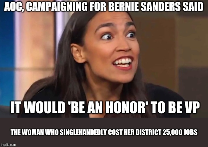 Crazy AOC | AOC, CAMPAIGNING FOR BERNIE SANDERS SAID; IT WOULD 'BE AN HONOR' TO BE VP; THE WOMAN WHO SINGLEHANDEDLY COST HER DISTRICT 25,000 JOBS | image tagged in crazy aoc | made w/ Imgflip meme maker