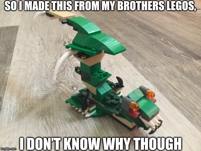 Made from my brothers legos | SO I MADE THIS FROM MY BROTHERS LEGOS, I DON’T KNOW WHY THOUGH | image tagged in dino mobile | made w/ Imgflip meme maker