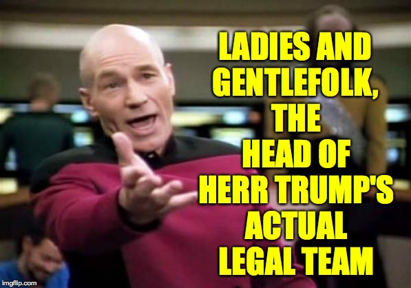 Picard Wtf Meme | LADIES AND GENTLEFOLK, THE HEAD OF HERR TRUMP'S ACTUAL LEGAL TEAM | image tagged in memes,picard wtf | made w/ Imgflip meme maker