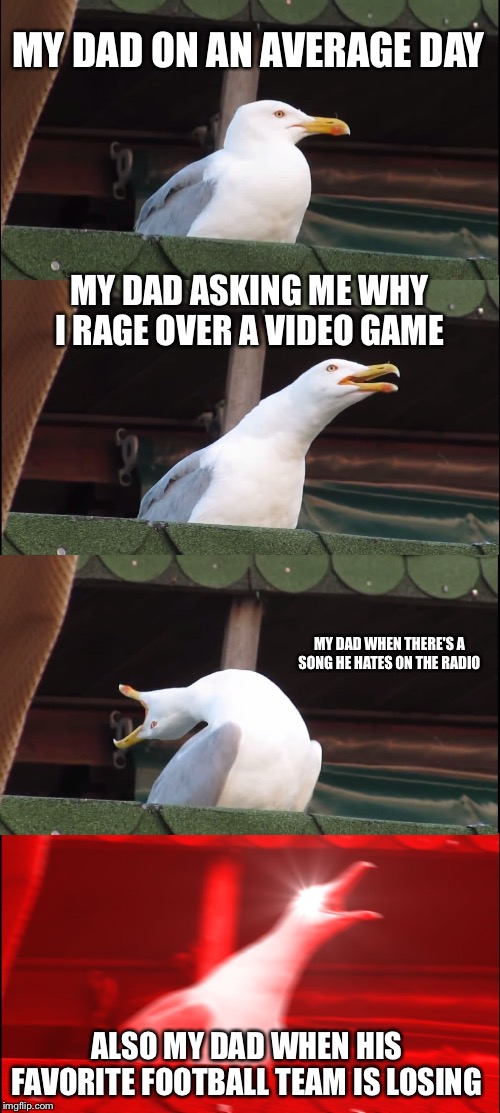 Inhaling Seagull Meme | MY DAD ON AN AVERAGE DAY; MY DAD ASKING ME WHY I RAGE OVER A VIDEO GAME; MY DAD WHEN THERE'S A SONG HE HATES ON THE RADIO; ALSO MY DAD WHEN HIS FAVORITE FOOTBALL TEAM IS LOSING | image tagged in memes,inhaling seagull | made w/ Imgflip meme maker