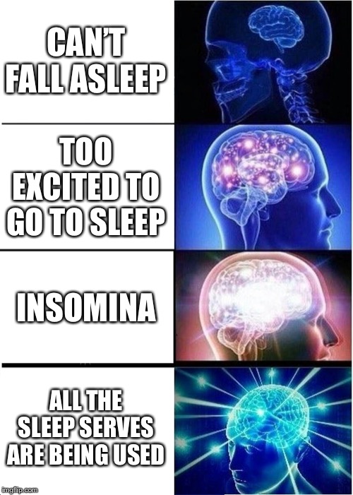 Expanding Brain Meme | CAN’T FALL ASLEEP; TOO EXCITED TO GO TO SLEEP; INSOMINA; ALL THE SLEEP SERVES ARE BEING USED | image tagged in memes,expanding brain | made w/ Imgflip meme maker