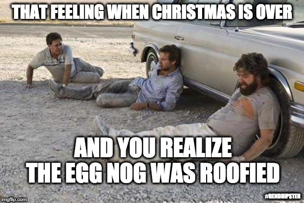 Egg Nog Roofie |  THAT FEELING WHEN CHRISTMAS IS OVER; AND YOU REALIZE THE EGG NOG WAS ROOFIED; #BENDHIPSTER | image tagged in hangover,roofie,eggnog,christmas,holidays | made w/ Imgflip meme maker