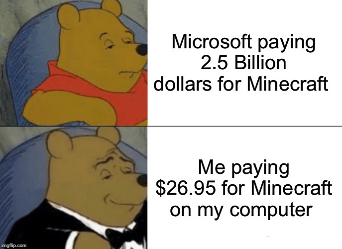 Tuxedo Winnie The Pooh | Microsoft paying 2.5 Billion dollars for Minecraft; Me paying $26.95 for Minecraft on my computer | image tagged in memes,tuxedo winnie the pooh | made w/ Imgflip meme maker