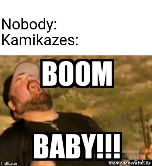 E | Nobody:
Kamikazes: | image tagged in kamikaze,boom,boom baby,nobody | made w/ Imgflip meme maker