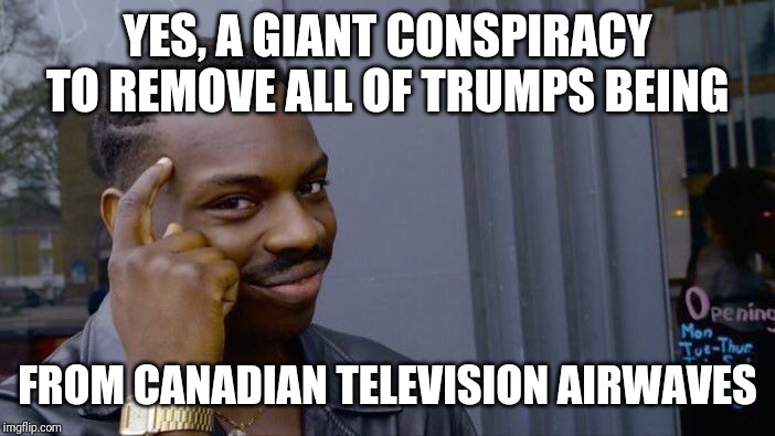 Roll Safe Think About It Meme | YES, A GIANT CONSPIRACY TO REMOVE ALL OF TRUMPS BEING FROM CANADIAN TELEVISION AIRWAVES | image tagged in memes,roll safe think about it | made w/ Imgflip meme maker