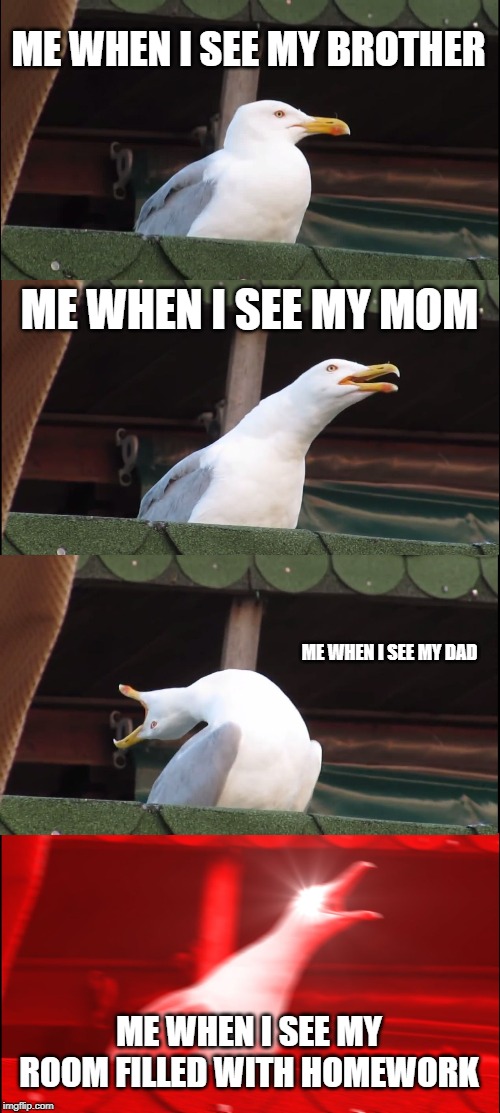 Inhaling Seagull | ME WHEN I SEE MY BROTHER; ME WHEN I SEE MY MOM; ME WHEN I SEE MY DAD; ME WHEN I SEE MY ROOM FILLED WITH HOMEWORK | image tagged in memes,inhaling seagull | made w/ Imgflip meme maker