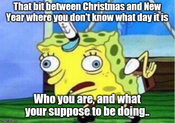 Mocking Spongebob Meme | That bit between Christmas and New Year where you don't know what day it is; Who you are, and what your suppose to be doing.. | image tagged in memes,mocking spongebob | made w/ Imgflip meme maker