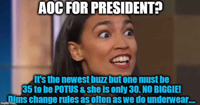 And You Thought the GREEN NEW DEAL was BAD??? | AOC FOR PRESIDENT? It's the newest buzz but one must be 35 to be POTUS & she is only 30. NO BIGGIE! Dims change rules as often as we do underwear.... | image tagged in politics,political meme,political,american politics,politics lol,politicians | made w/ Imgflip meme maker