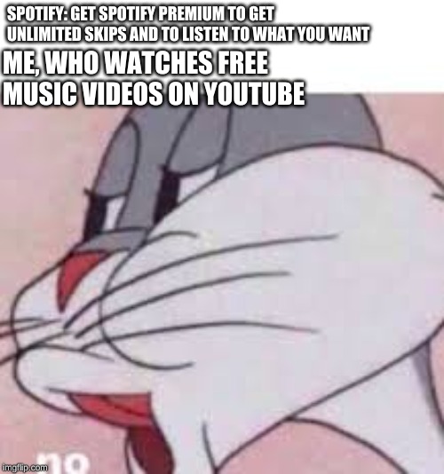 no bugs bunny | SPOTIFY: GET SPOTIFY PREMIUM TO GET UNLIMITED SKIPS AND TO LISTEN TO WHAT YOU WANT; ME, WHO WATCHES FREE MUSIC VIDEOS ON YOUTUBE | image tagged in no bugs bunny,memes,no,spotify,youtube,money | made w/ Imgflip meme maker