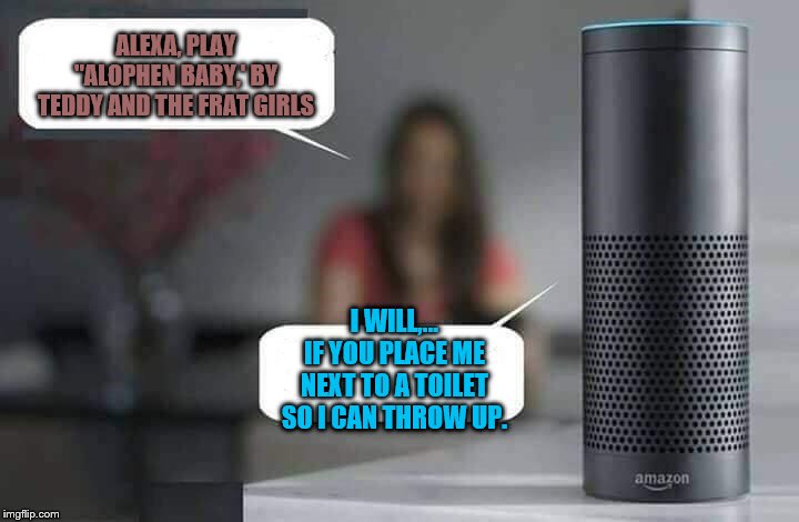 Alexa do X | ALEXA, PLAY "ALOPHEN BABY,' BY TEDDY AND THE FRAT GIRLS; I WILL,... IF YOU PLACE ME NEXT TO A TOILET SO I CAN THROW UP. | image tagged in alexa do x,teddy and the frat girls,gross songs,funny songs,possibly nsfw | made w/ Imgflip meme maker
