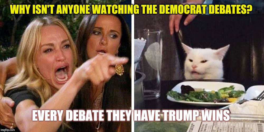 Smudge the cat | WHY ISN'T ANYONE WATCHING THE DEMOCRAT DEBATES? EVERY DEBATE THEY HAVE TRUMP WINS | image tagged in smudge the cat | made w/ Imgflip meme maker