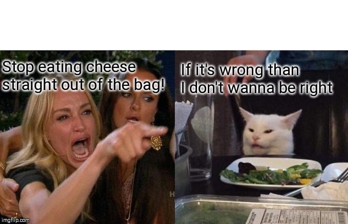 Woman Yelling At Cat Meme | Stop eating cheese straight out of the bag! If it's wrong than I don't wanna be right | image tagged in memes,woman yelling at cat | made w/ Imgflip meme maker