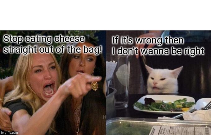 Woman Yelling At Cat Meme | Stop eating cheese straight out of the bag! If it's wrong then I don't wanna be right | image tagged in memes,woman yelling at cat | made w/ Imgflip meme maker