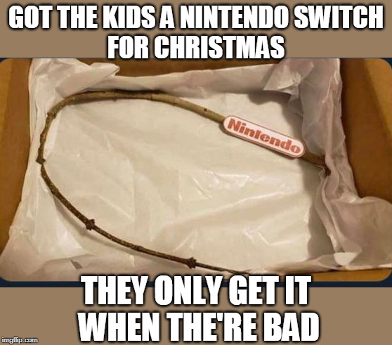 THEY WILL BE "PLAYING" ALL WINTER | GOT THE KIDS A NINTENDO SWITCH
FOR CHRISTMAS; THEY ONLY GET IT
 WHEN THE'RE BAD | image tagged in nintendo switch,christmas,kids,disappointment | made w/ Imgflip meme maker