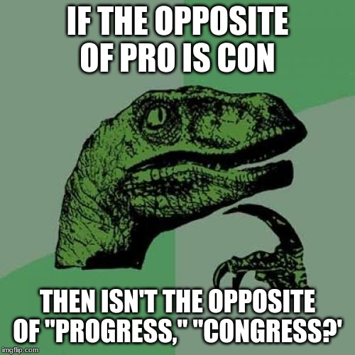 Philosoraptor | IF THE OPPOSITE OF PRO IS CON; THEN ISN'T THE OPPOSITE OF "PROGRESS," "CONGRESS?' | image tagged in memes,philosoraptor | made w/ Imgflip meme maker