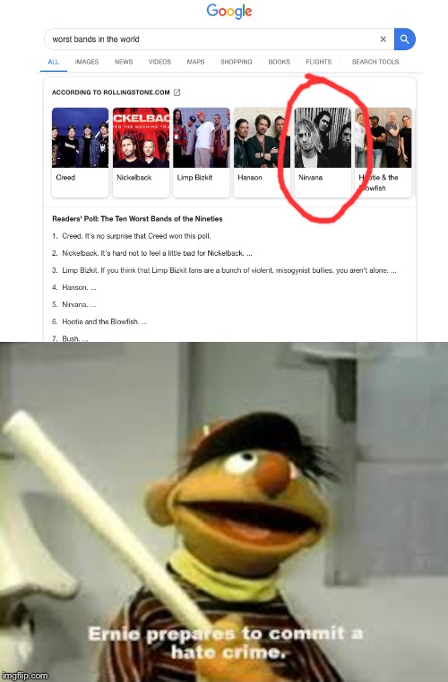 Just the fact that the Rolling Stones would have the audacity to say such a thing | image tagged in ernie prepares to commit a hate crime | made w/ Imgflip meme maker