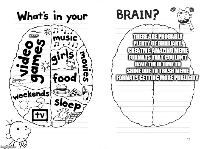 Diary of a wimpy kid brain | THERE ARE PROBABLY PLENTY OF BRILLIANT, CREATIVE, AMAZING MEME FORMATS THAT COULDN'T HAVE THEIR TIME TO SHINE DUE TO TRASH MEME FORMATS GETTING MORE PUBLICITY | image tagged in diary of a wimpy kid brain | made w/ Imgflip meme maker
