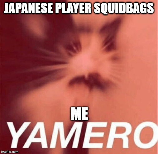 yamero cat | JAPANESE PLAYER SQUIDBAGS; ME | image tagged in yamero cat | made w/ Imgflip meme maker