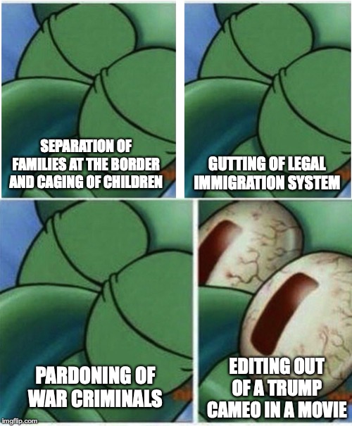 SEPARATION OF FAMILIES AT THE BORDER AND CAGING OF CHILDREN; GUTTING OF LEGAL IMMIGRATION SYSTEM; EDITING OUT OF A TRUMP CAMEO IN A MOVIE; PARDONING OF WAR CRIMINALS | image tagged in squidward | made w/ Imgflip meme maker