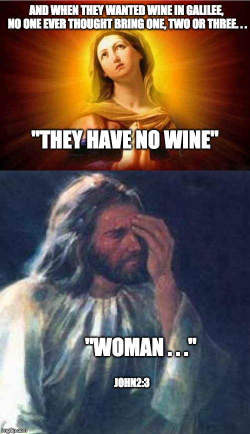 AND WHEN THEY WANTED WINE IN GALILEE, 
NO ONE EVER THOUGHT BRING ONE, TWO OR THREE. . . "THEY HAVE NO WINE"; "WOMAN . . ."; JOHN2:3 | image tagged in jesus facepalm,virgin mary | made w/ Imgflip meme maker