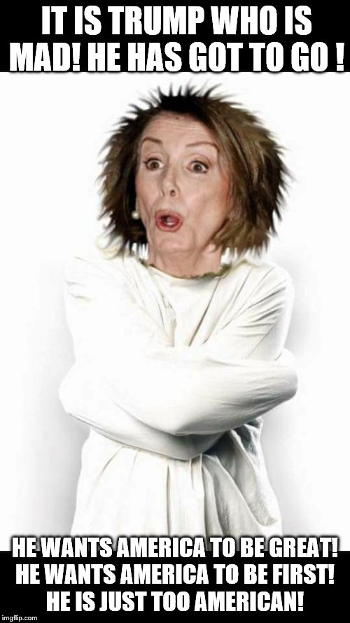 Nancy belongs in the house, the NUT house! | IT IS TRUMP WHO IS MAD! HE HAS GOT TO GO ! HE WANTS AMERICA TO BE GREAT!
HE WANTS AMERICA TO BE FIRST!
HE IS JUST TOO AMERICAN! | image tagged in pelosi nut,memes,political memes | made w/ Imgflip meme maker
