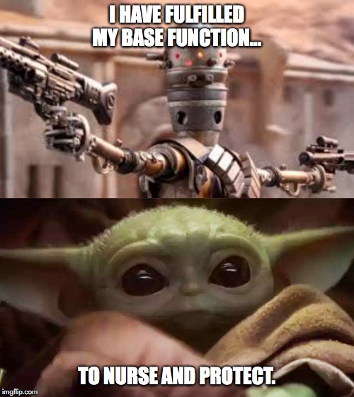 IG11 & baby Yoda | I HAVE FULFILLED MY BASE FUNCTION... TO NURSE AND PROTECT. | image tagged in baby yoda | made w/ Imgflip meme maker