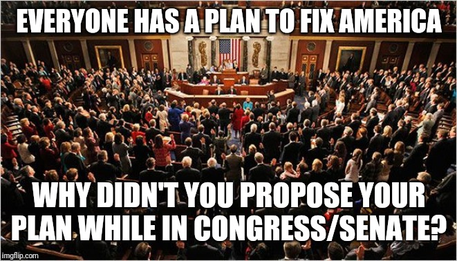 Congress | EVERYONE HAS A PLAN TO FIX AMERICA; WHY DIDN'T YOU PROPOSE YOUR PLAN WHILE IN CONGRESS/SENATE? | image tagged in congress | made w/ Imgflip meme maker